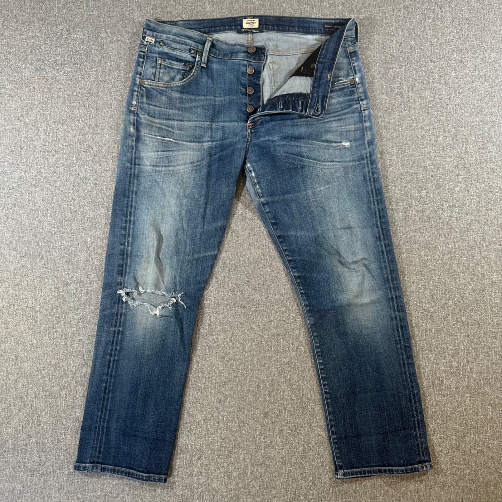 Citizens of Humanity Emerson Slim Boyfriend Jeans Blue Distressed Size 32 35x26